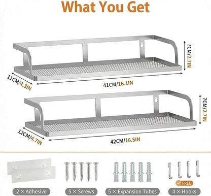 PUSDON 2-Pack 16.5" Extra Long Slim Hollowout Shower Caddy, Wall Mount Spice Rack & Bathroom Organizer, Mesh Bottom Cabinet Door Shelf Holds 50LBS - Silver Gray, Hollowout