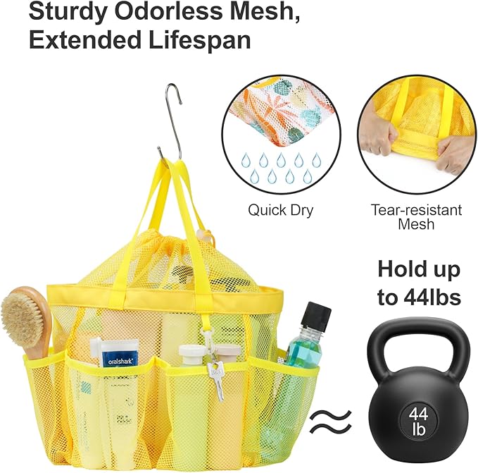 F-color Mesh Shower Caddy Portable with Drawstring - Large 8 Pockets Dorm Room Essentials for Guys Girls with S Hook, Shower Bag Basket Tote for College Camping Gym Travel Toiletry Bathroom, Yellow