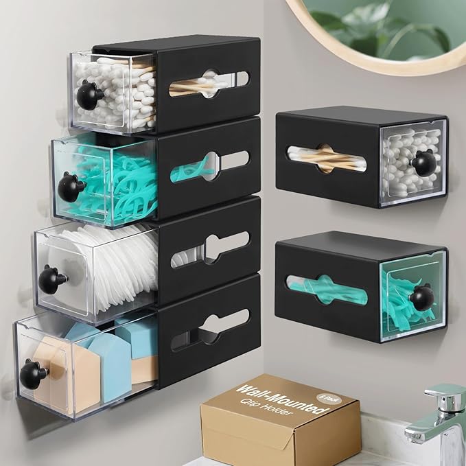Qtip Holder for Bathroom Wall Organizer – Bathroom Decor, Dorm Room Essential, Small Q-tip Dispenser for Cotton Swabs, Balls, Pads, Floss Picks – Office Storage, Vanity Makeup Organizer(6 Pcs)