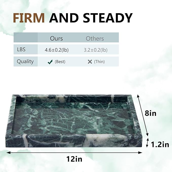 Real Natural Marble Tray for Bathroom, Vanity, Kitchen and Desktop, Rectangle Genuine Marble Stone Tray for Jewelry, Cosmetics, Candles, Lotion, Perfume (Snowflake-Green, 12" x 8" x 1.2")