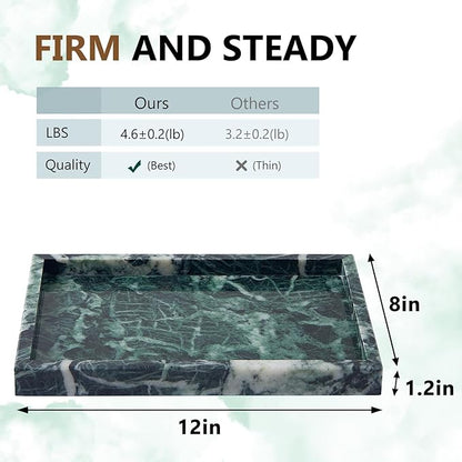 Real Natural Marble Tray for Bathroom, Vanity, Kitchen and Desktop, Rectangle Genuine Marble Stone Tray for Jewelry, Cosmetics, Candles, Lotion, Perfume (Snowflake-Green, 12" x 8" x 1.2")
