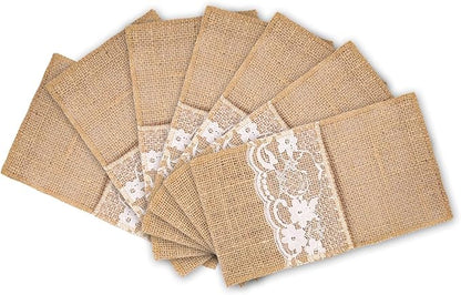 MDS Pack Of 125 Wedding Burlap 4 x 8 Inch Burlap Lace Utensil Cutlery Holders Pouch Silverware Holder Knifes Forks Bags Burlap Napkin Bag for Rustic Wedding Party and Tableware Decorations