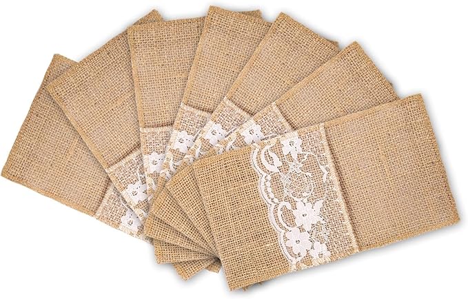 MDS Pack Of 200 Wedding Burlap 4 x 8 Inch Burlap Lace Utensil Cutlery Holders Pouch Silverware Holder Knifes Forks Bags Burlap Napkin Bag for Rustic Wedding Party and Tableware Decorations