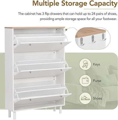 Contemporary Shoe Cabinet with 3 Flip Doors Free-Standing Wooden Shoe Rack Shoe Storage Organizer for Entryway Hallway Small Space (White&Natural)
