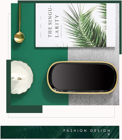 Emibele Jewelry Organizer Oval Resin Tray, Bathroom Kitchen Dresser Vanity Tray Jewelry Dish Ring Holder Cosmetic Organizer for Candle Perfume Soap Shampoo Home Decor - Black & Gold