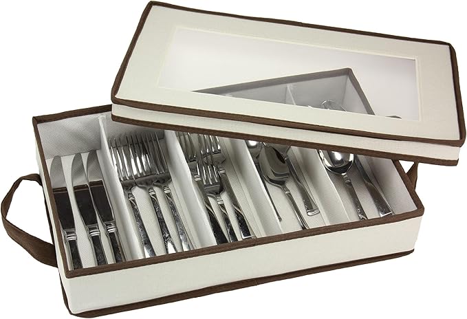 Household Essentials Cream Canvas Flatware Chest with Brown Trim