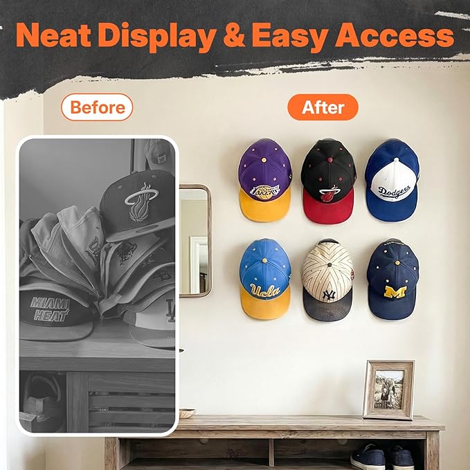 HOUSE DAY Adhesive Hat Hooks for Wall 16 Pack, Strong Hat Rack for Baseball Cap Display Organizer, Hats Holder for Wall, Door, Closet, No Drilling, Black
