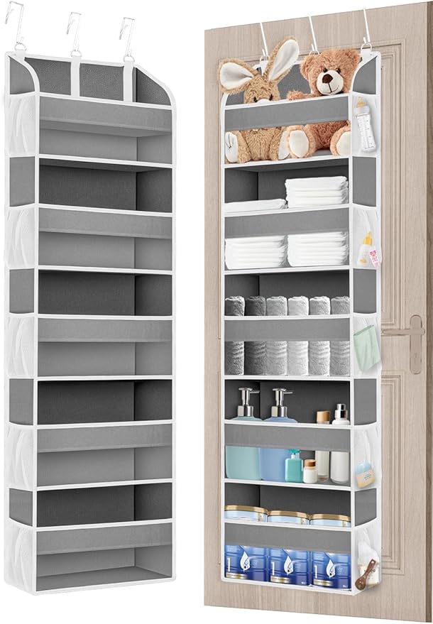 TAHAVICE 1 Pack Over The Door Storage Organizer with 5 Pockets 10 Mesh Side Pockets, 44 lbs Weight Capacity Door Hanging Organizers and Storage for Bedroom,Bathroom,Nursery,Pantry,Dorm(Light Gray)
