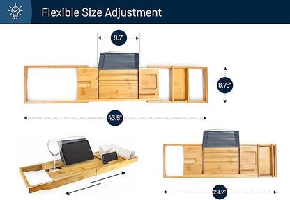 RoyalHouse Bamboo Bathtub Caddy Tray, Expandable Bath Table Over Tub with Glass Book, Adjustable Organizer Tray for Bathroom, Wine and Phone Holder, Ideal Gift for Family & Friends (Pack 2)