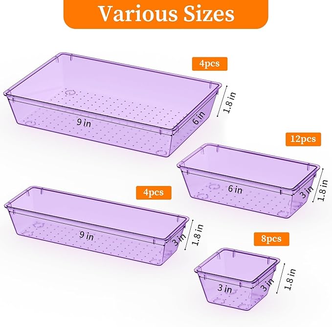 StorMiracle 32 PCS Clear Plastic Drawer Organizer Set, 4-Size vanity organizer Trays and Storage Bins for Makeup, Jewelry and Gadgets in Bedroom, Bathroom and Office, Clear Purple