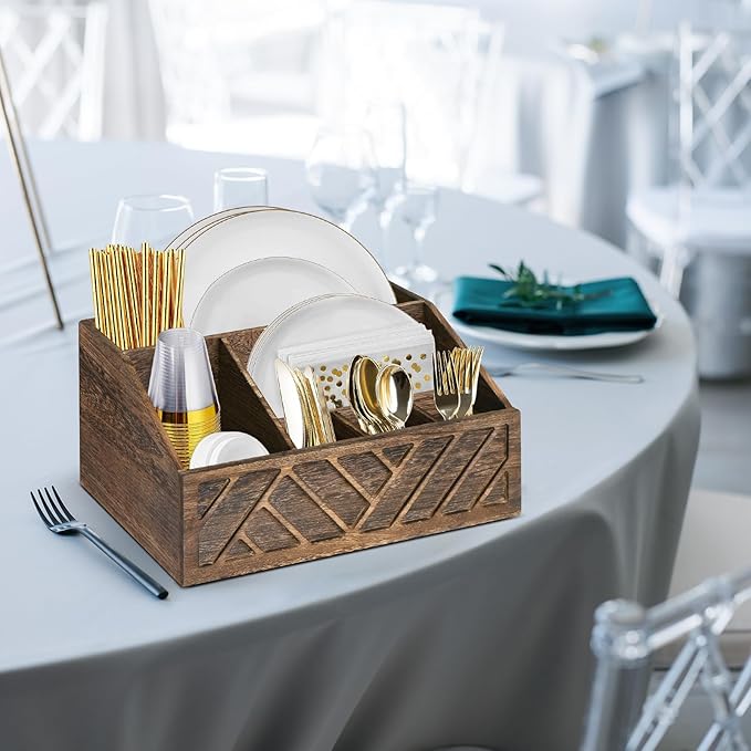 Ukonvi Paper Plate Dispenser, Paper Plate Holder for Kitchen Counter, Wood Rustic Silverware Utensil Caddy, Cutlery Flatware Organizer Box for Cups Spoons Forks Plates Napkins, Kitchen Accessories