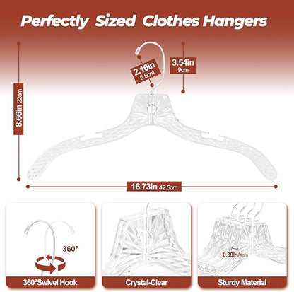 Clear Plastic Hangers 12 Pack, Durable Crystal Heavy Duty Clothes Hangers with Non-Slip Notches & 360° Swivel Hook, Space Saving, Ideal for Coats, Suits, Dresses, Shirts