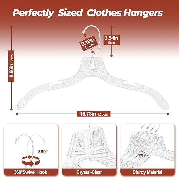 Clear Plastic Hangers 50 Pack, Durable Crystal Heavy Duty Clothes Hangers with Non-Slip Notches & 360° Swivel Hook, Space Saving, Ideal for Coats, Suits, Dresses, Shirts