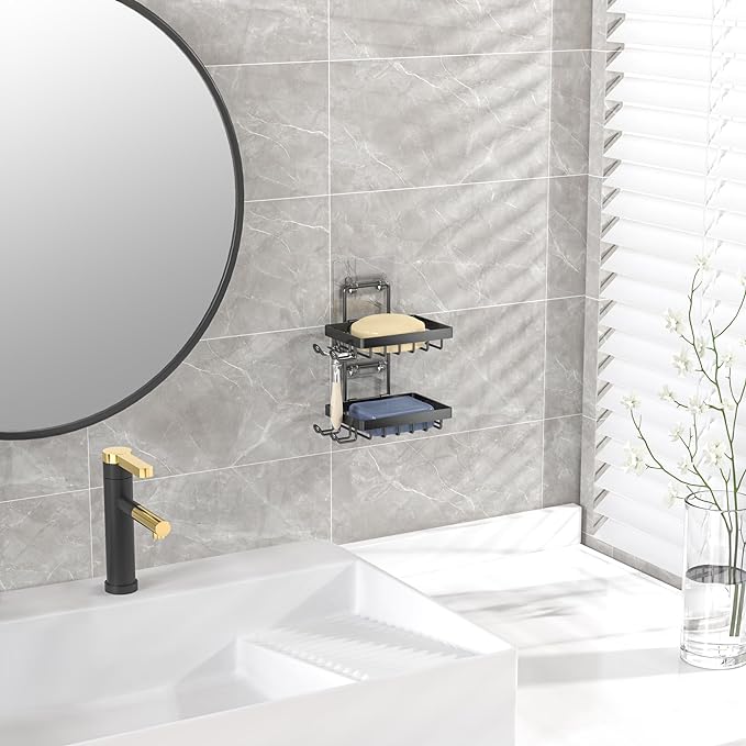 Moforoco Double Soap Bar Holder for Shower, No Drilling, 304 Stainless Steel, Wall Mounted Soap Holder with 4 Hooks and Razor Holder, Shower Rack Soap Tray Bar Soap for Bathroom Accessories Organizer