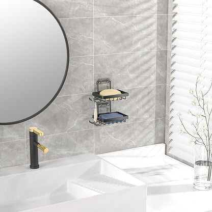 Moforoco Double Soap Bar Holder for Shower, No Drilling, 304 Stainless Steel, Wall Mounted Soap Holder with 4 Hooks and Razor Holder, Shower Rack Soap Tray Bar Soap for Bathroom Accessories Organizer