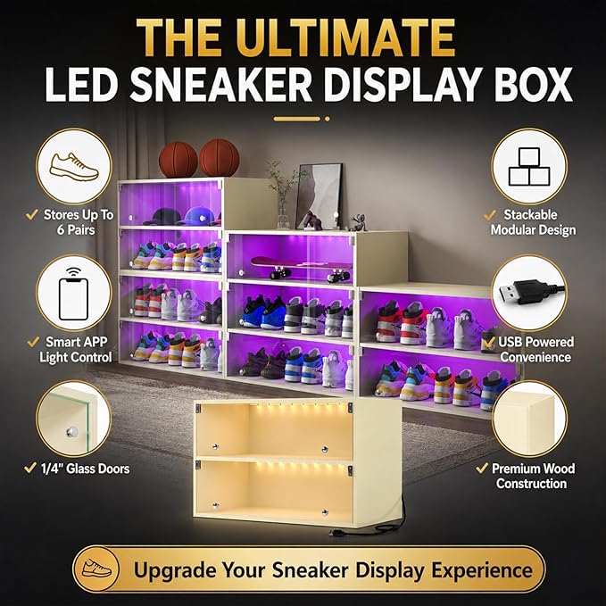 Sneaker Display Case with Lights featuring LED Intelligent Control Shoe Storage Box, Stackable LED Shoe Box Wood Shoe Display Case for Luxury Sneaker Storage (Beige 2-layer)