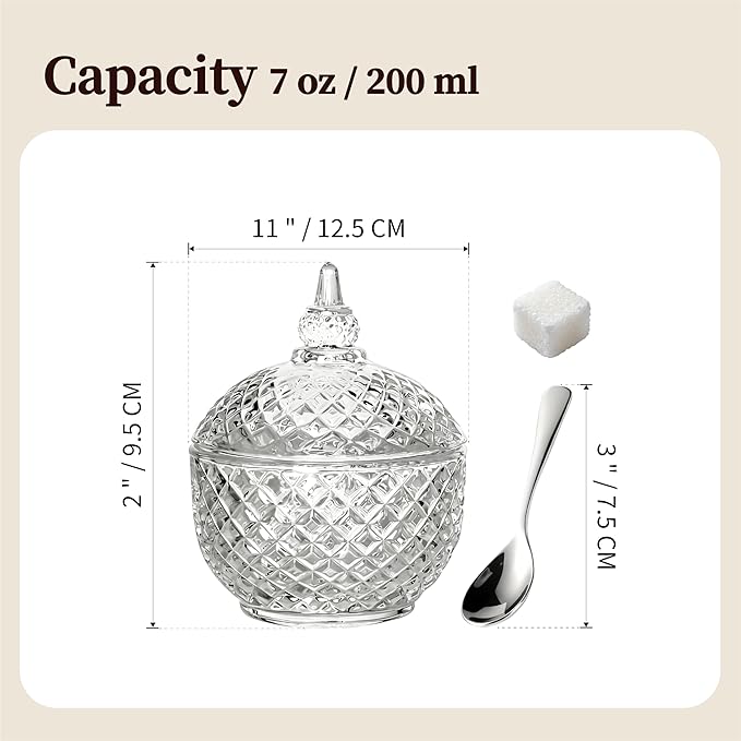 7 oz Crystal Glass Salt Cellar with Lid and Stainless Steel Spoon for Kitchen Seasoning (Ball shape)