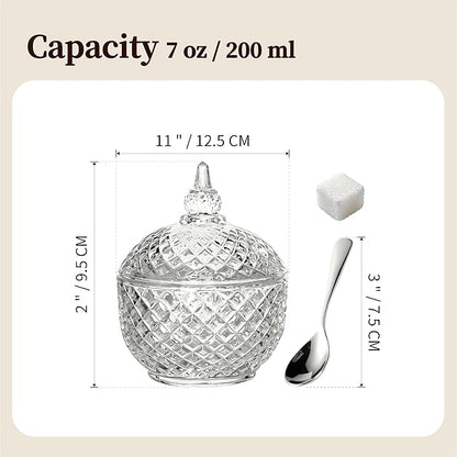 7 oz Crystal Glass Salt Cellar with Lid and Stainless Steel Spoon for Kitchen Seasoning (Ball shape)