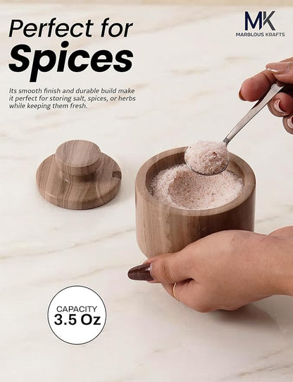 MARBLOUS KRAFTS Marble Salt Cellar with Lid & Spoon 3" Brown Small Flaky Salt Box and Sugar Jar for Spice Storage on Countertop, Kitchen Seasoning Container, Ideal Mother’s Day Gift for Mom