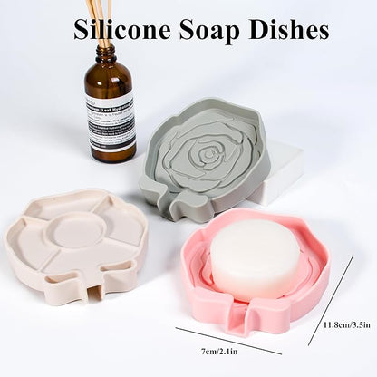 3PC Self-Draining Silicone Soap Dish, Soap Holder/Tray/Saver for Shower, Bathroom, Kitchen, Bathtub, Keep Soap Dry and Easy to Clean (Light Color)
