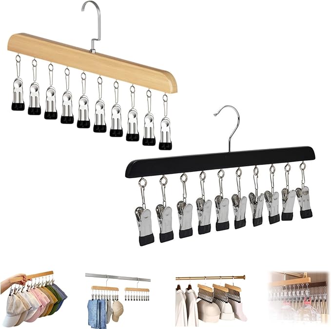 Closet Organizer with 10 Clips, Space Saving Hanging Closet Organizer, Legging Hanger for Closet Organizer with 10 Clip for Storing Jeans, Legging, Shorts (Wood+Black-10 Clips, 2PCS)