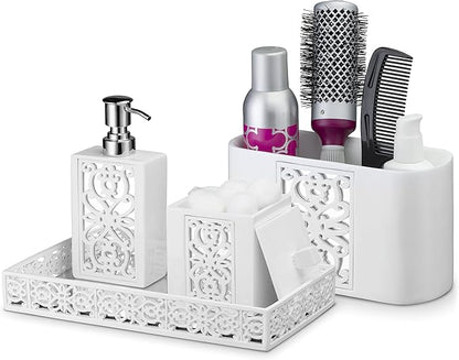 Creative Scents Mirror Janette White Qtip Holder With Lid - Decorative Cotton Ball Jar - Durable Cotton Swab Container - Beautiful Bathroom Vanity Accessories - Elegant Bath Storage