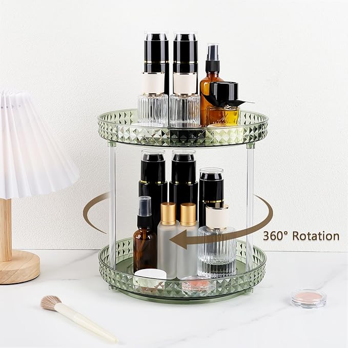 360 Clear Rotating Makeup Organize for Vanity,2 Tiers Lazy Susan with Diamond Pattern, Large-Capacity Skincare Organizers Cosmetic Display Case Organizer for Dresser (Vintage Green, 2Tiers)