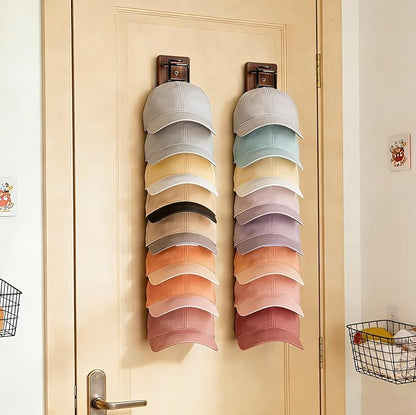 2 Pack Hat Organizer for Baseball Caps, Wood & Metal Hat Rack for Wall, Hat Storage for 22 Caps with Strong Adhesive/Wall Drilled for Door, Wall and Closet (Brown)