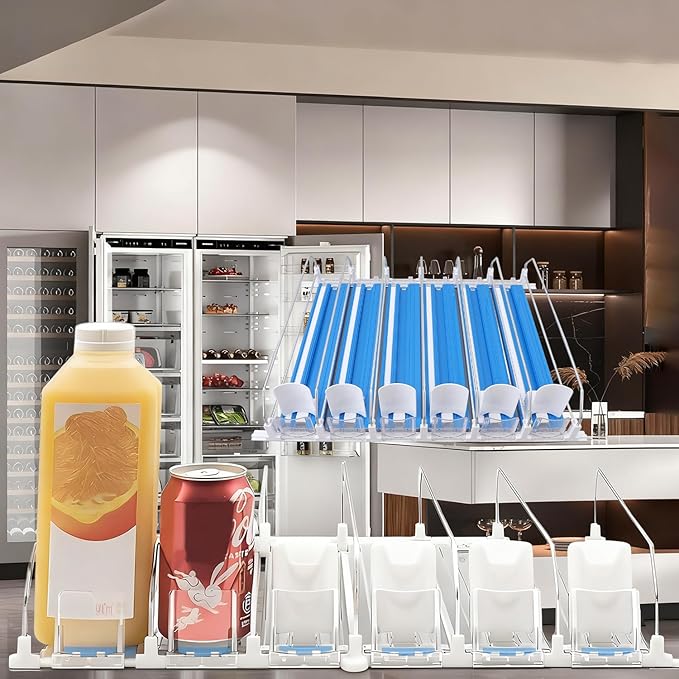 Drink Organizer for Fridge, 18.9x15.0x3.1in Soda Can Dispenser for Refrigerator, 6 Rows Adjustable Automatic Pusher Glide Drink Dispenser for Beer Beverages (Blue)