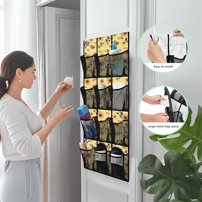 Sunflower Cow Over the Door Shoe Organizer 12 Large Mesh Pockets Sturdy Oxford Fabric Door Shoe Organizer Hanging Shoe Rack for Door