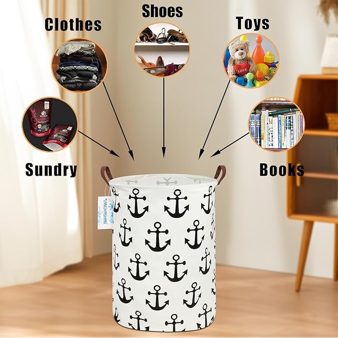 Laundry Basket Canvas Fabric Collapsible Organizer Basket for Storage Bin Toy Bins Gift Baskets Bedroom Clothes Children Nursery Hamper (anchor)