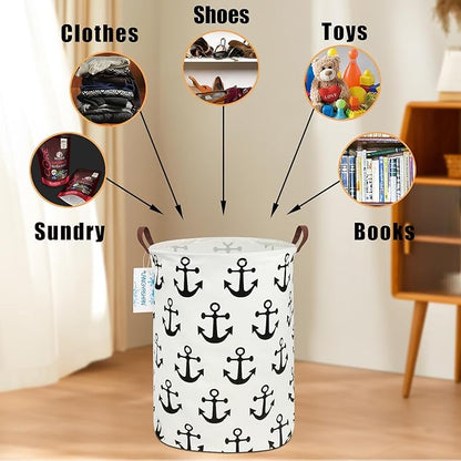 Laundry Basket Canvas Fabric Collapsible Organizer Basket for Storage Bin Toy Bins Gift Baskets Bedroom Clothes Children Nursery Hamper (anchor)