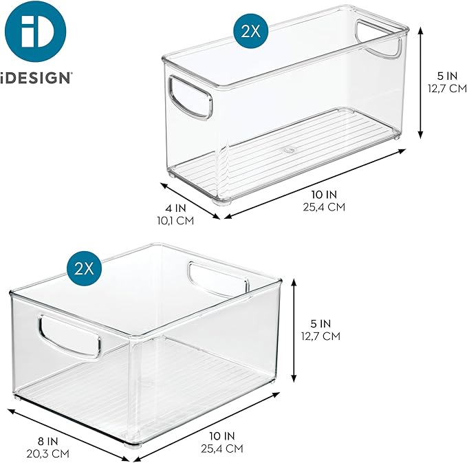 iDesign 4-Piece 50% Recycled Plastic Organizer Bin Set for Pantry and Cabinet Organization, Made in The USA – Two 10” x 8” x 5” and Two 10” x 4” x 5” Bins, Clear