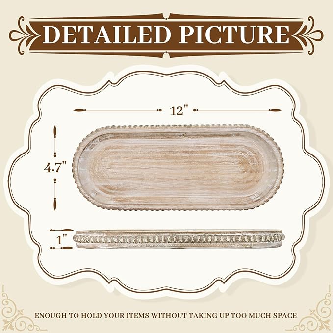 MAONAME Oval Long Narrow Wood Tray, Rustic Decorative Tray with Beaded, Wash White Farmhouse Vanity Trays, Toilet Tank Trays for Dresser, 12" x 4.7"