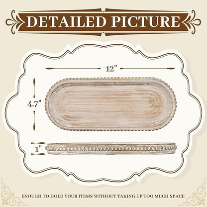 MAONAME Oval Long Narrow Wood Tray, Rustic Decorative Tray with Beaded, Wash White Farmhouse Vanity Trays, Toilet Tank Trays for Dresser, 12" x 4.7"