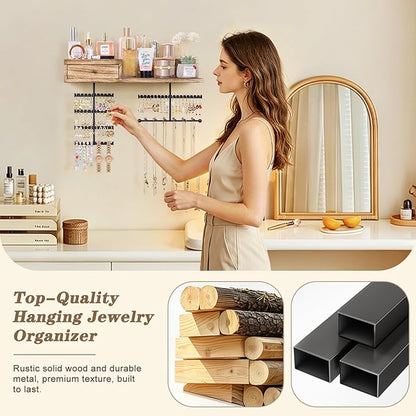 VINAEMO Jewelry Organizer Hanging Wall Mounted Jewelry Holder with Rustic Wood Drawer & Large Capacity Storage Shelf Rack Display for Earrings Rings Necklaces Bracelet