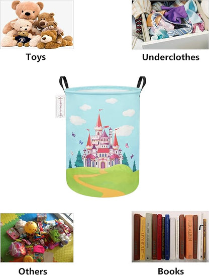 QUEENLALA Large Storage Basket,Laundry Hamper/Bathroom/Home Decor/Collapsible Round Storage Bin,Boys and Girls Hamper/Boxes/Clothing(Round-Forest Castle)