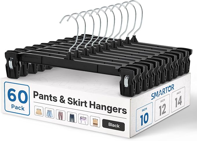 Smartor Space Saving Hangers 60 Pack, Slim Plastic Pants and Shorts Hangers, Ridged Non-Slip with Pinch Clips, 360-Rotating Chrome Swivel Hook, Black Plastic Hanger - 10 Inches