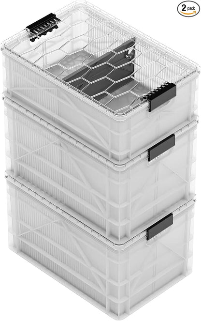 SIDIO CRATE Starter Pack - Two Full Size and One Half Size SidioCrate, Stackable Outdoor Organizer Storage Bins with Clear Lid and Dividers - Clear