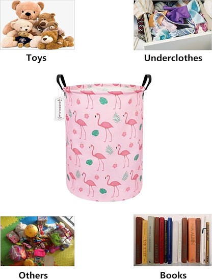 QUEENLALA Large Storage Basket,Laundry Hamper/Bathroom/Home Decor/Collapsible Round Storage Bin,Boys and Girls Hamper/Boxes/Clothing(Round-Pink Flamingo)