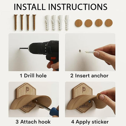 Hat Hooks for Wall Set of 2 – Cowboy Hat Hanger for Fedoras, Caps & Wide Brim Hats – Wooden Curved Rack Preserve Hat Shape – Wall-Mounted Cap Holder for Door & Closet