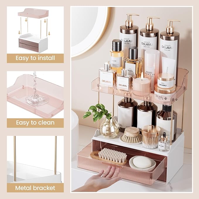 Delamu Bathroom Organizers and Storage, 2 Tier 2 Drawer Makeup Organizer Countertop, Easy to Install, Ideal for Bathroom Counter, Vanity, Ideal Gifts for Women Girls, Grapefruit