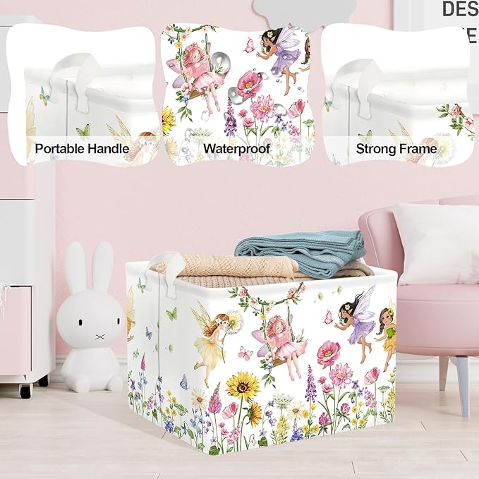 Clastyle Lovely Princess Laundry Basket Kids Clothes Book Storage Basket Gift Toy Box for Bedroom Decor,Flower Fairy,40x30x30 cm