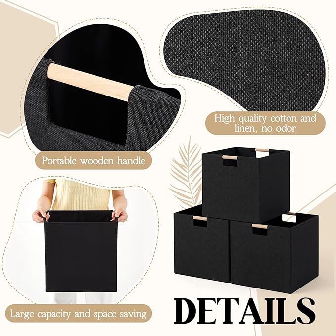 Cinnvoice 3 Pack Fabric Storage Bins for Closet Shelves, Rectangle Wardrobe Organizer with Handle, Collapsible Shelves Storage Basket for Sorting Clothes and Toy (Black,13 x 13 x 13 Inch)