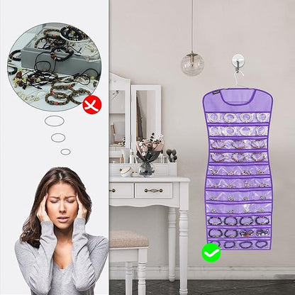 Hanging Jewelry Organizer Dual Sided 84 Clear Pockets and 6 Hook Loops Storage for Holding Jewelries Hair Accessories Dress Shaped Earring Holder (84 Pockets and 6 Hook Loops -Purple)