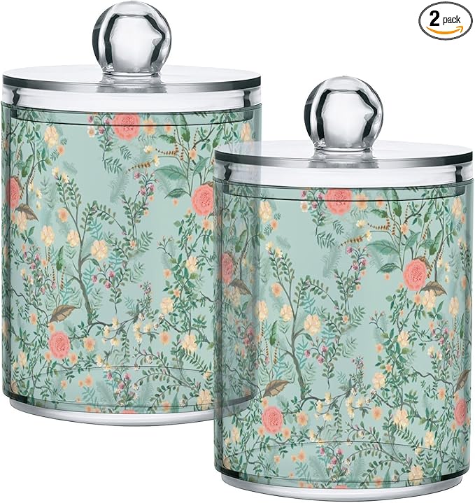 Vintage Floral Green 2 Pack Qtip Holder Dispenser for Cotton Ball, Swab, Pads - Clear Plastic Apothecary Jars with Lids for Bathroom Organizer, 10 oz