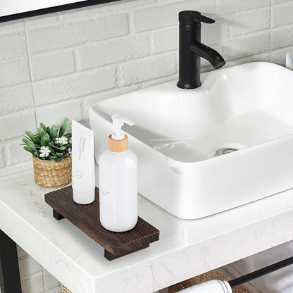 Bathroom Tray Farmhouse Decor Pedestal Stand Wood Riser Display Kitchen Accessories Soap Holder for Sink, Counter, Vanity, 8.7 * 3.6 Dark Brown