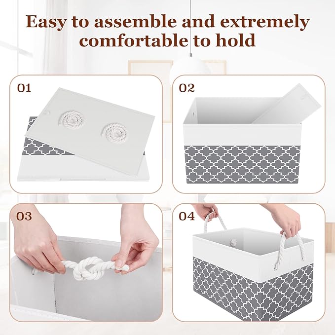 Fab totes Storage Bins 4-Pack, Foldable Storage Baskets for Organizing Toys, Books, Shelves, Closet, Large Storage Box with Rope Handles, Sturdy Organizer Bins,Clover Grey