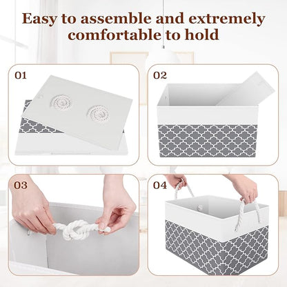 Fab totes Storage Bins 6-Pack, Foldable Storage Baskets for Organizing Toys, Books, Shelves, Closet, Large Storage Box with Rope Handles, Sturdy Organizer Bins,Clover Grey