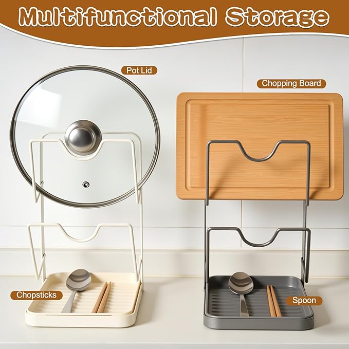 Kitchen Pot Lid Storage Rack, Pot Lid Holder With Tray, Lid Holder While Cooking, Lid And Spoon Rest, Multifunctional Kitchen Organizer Stand (White)